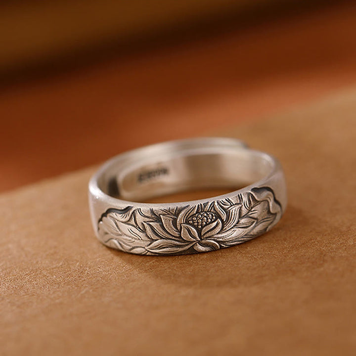 Anello di illuminazione inciso con Buddha Stones in argento sterling 999, fiore di loto, fiore di prugna, nuvole di buon auspicio