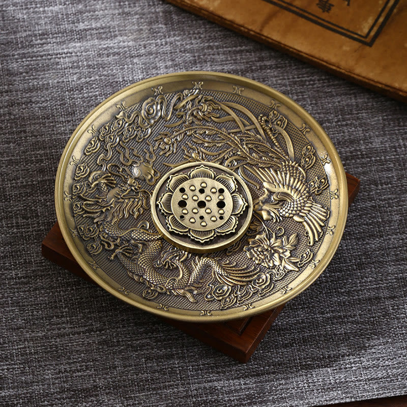 Buddha Stones, loto, drago, fenice, otto simboli di buon auspicio, porta incenso in lega di zinco, bruciatore di incenso curativo, decorazione