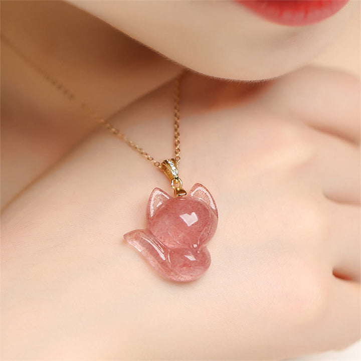 Collana con ciondolo guarigione volpe quarzo fragola in argento sterling 925 placcato oro 14k Buddha Stones
