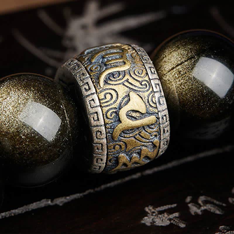Braccialetto di protezione Om Mani Padme Hum in ossidiana lucida dorata Buddha Stones PiXiu Cinnabar