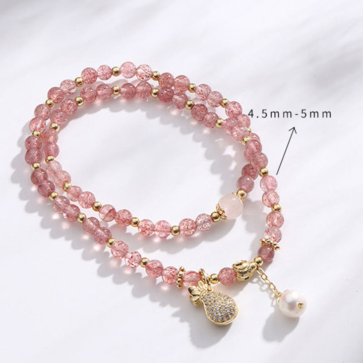Braccialetto a doppio giro con ciondolo positivo Buddha Stones Strawberry Quartz Money Bag