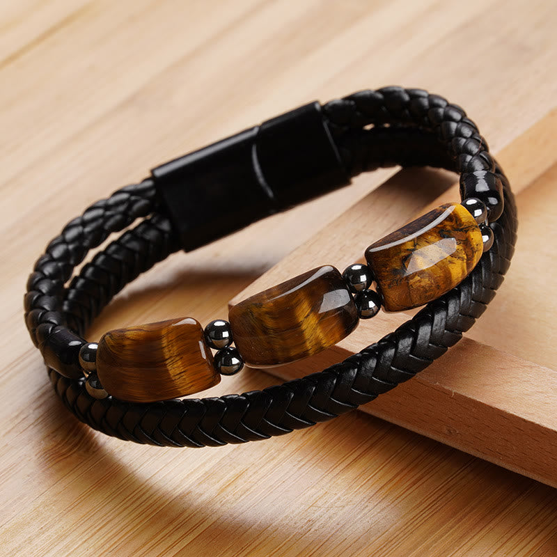 Braccialetto in pelle con fibbia magnetica e protezione naturale dell'occhio di tigre Buddha Stones