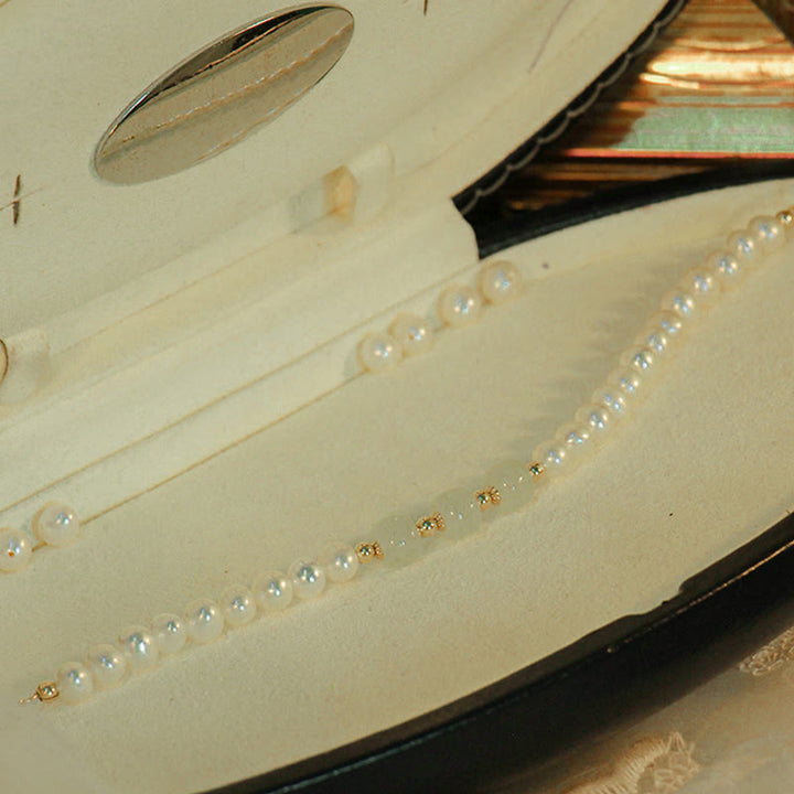 Braccialetto a catena con perle di sincerità in giada bianca e giada ciano di Hetian, placcato in oro 14K
