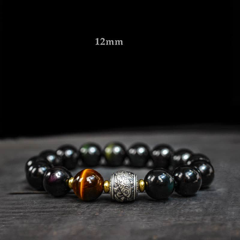 Buddha Stones per sperimentare un'inversione della fortuna Braccialetto di protezione in ossidiana arcobaleno e oro lucido
