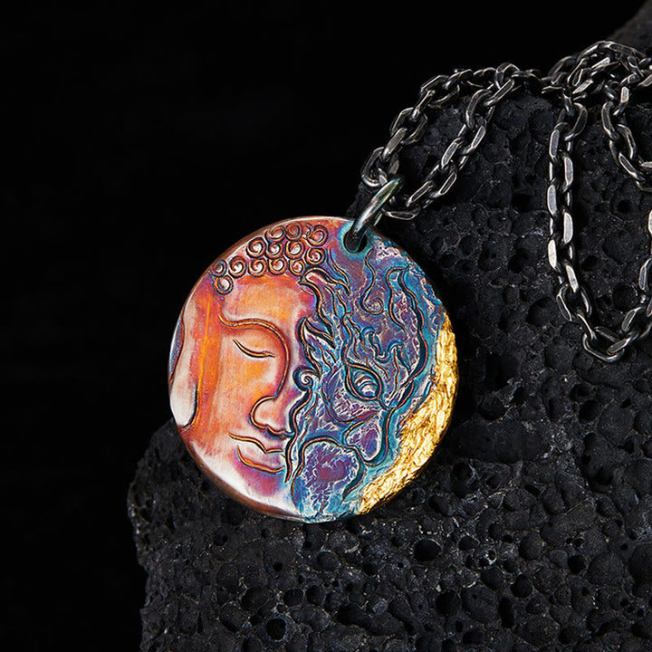 Collana con ciondolo a forma Buddha Stones in argento sterling 999 e oro 24K, metà demone e metà Buddha, con compassione - Argento Sterling 999 - image 1