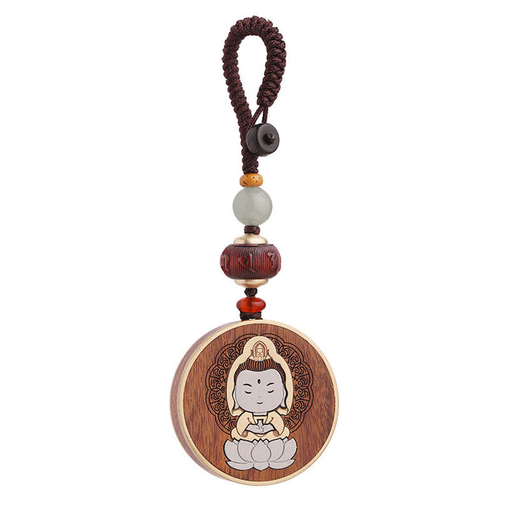 Buddha Stones Legno di ebano Palissandro Buddha Avalokitesvara Om Mani Padme Hum Equilibrio Decorazione della catena chiave dell'auto