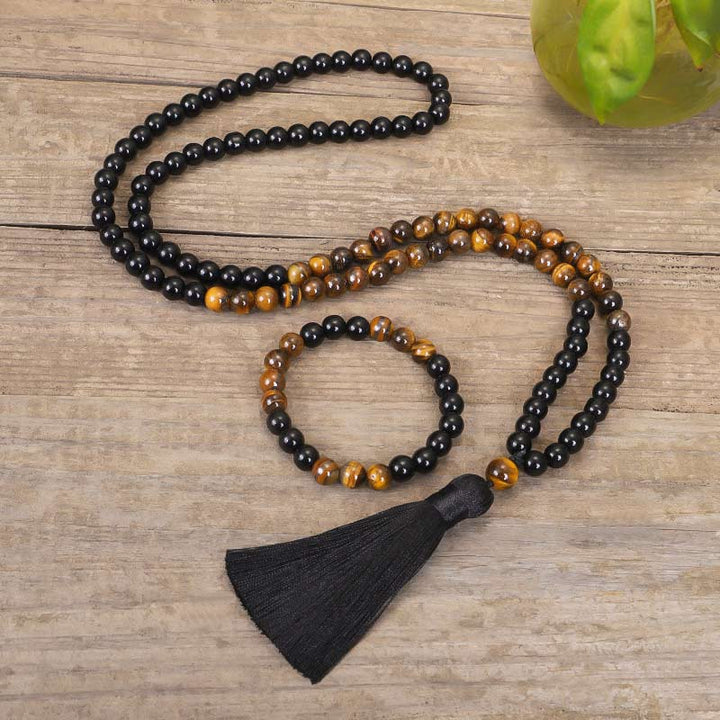 Collana di protezione con occhio di tigre in onice nero tibetano Buddha Stones Mala Set