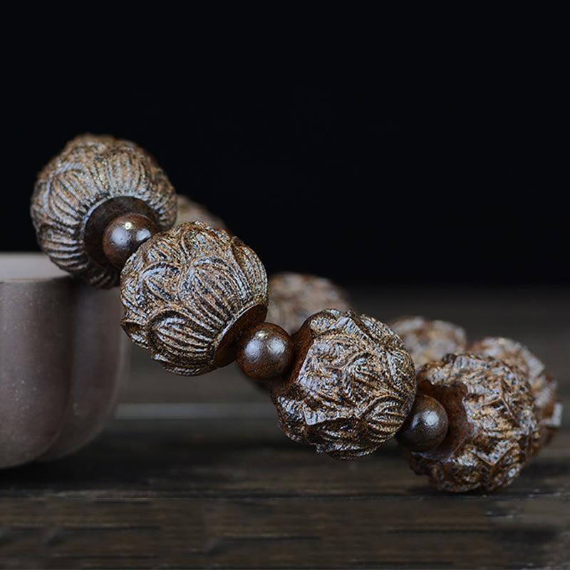 Braccialetto di equilibrio inciso Buddha Stones, legno di ebano, diciotto Arhat, drago di loto