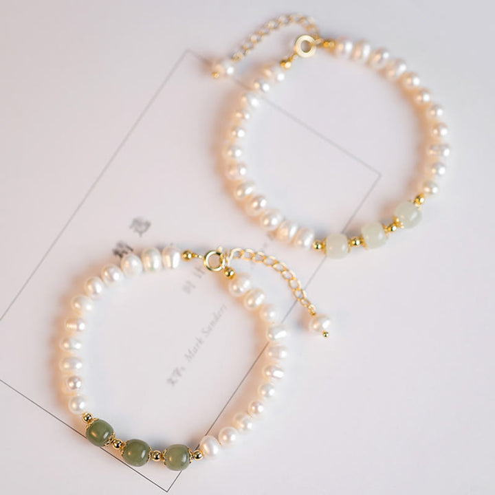 Braccialetto a catena con perle di sincerità in giada bianca e giada ciano di Hetian, placcato in oro 14K