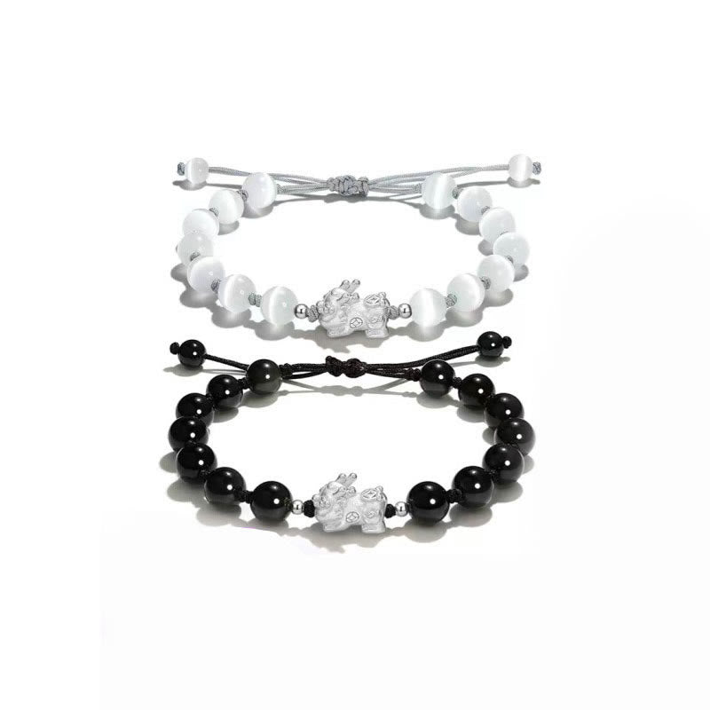 Braccialetto Buddha Stones Natural Black Ossidiana Occhio di Gatto Cristallo Rosa PiXiu Strength