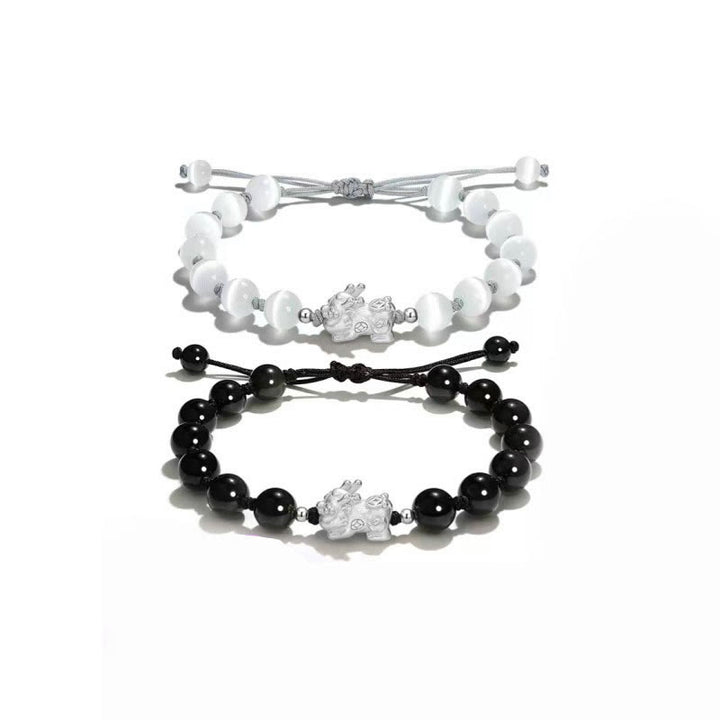 Braccialetto Buddha Stones Natural Black Ossidiana Occhio di Gatto Cristallo Rosa PiXiu Strength