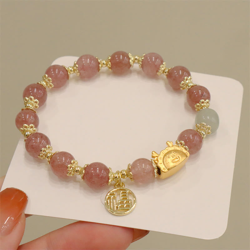 Buddha Stones Anno del Drago Agata Rossa Quarzo Fragola Ossidiana Nera Giada Granato Perla Cinabro Drago Gnocco Fortuna Fu Bracciale Personaggio - Quarzo fragola (circonferenza polso 14-19 cm) - image 11