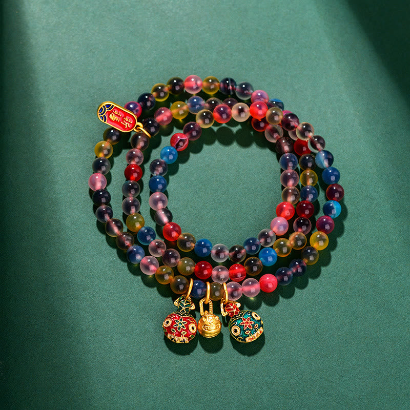Buddha Stones Caramella Colorata Agata Oro Deglutizione Bestia Famiglia Forza Ciondolo Bracciale Triplo Avvolgimento