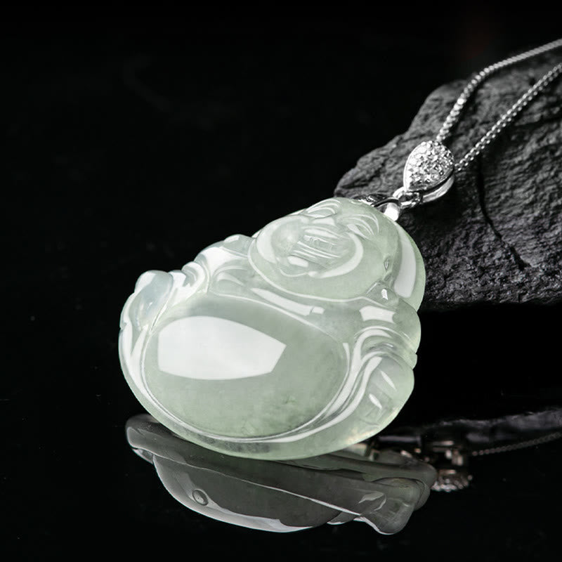 Collana con ciondolo a Buddha Stones in argento sterling 925, giada naturale, Buddha che ride, prosperità e abbondanza