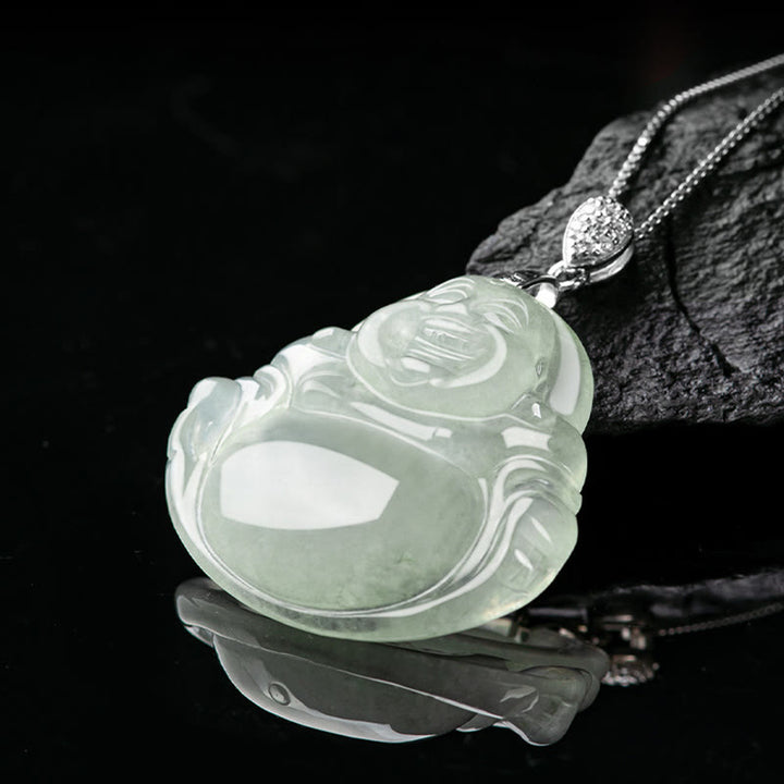 Collana con ciondolo a Buddha Stones in argento sterling 925, giada naturale, Buddha che ride, prosperità e abbondanza