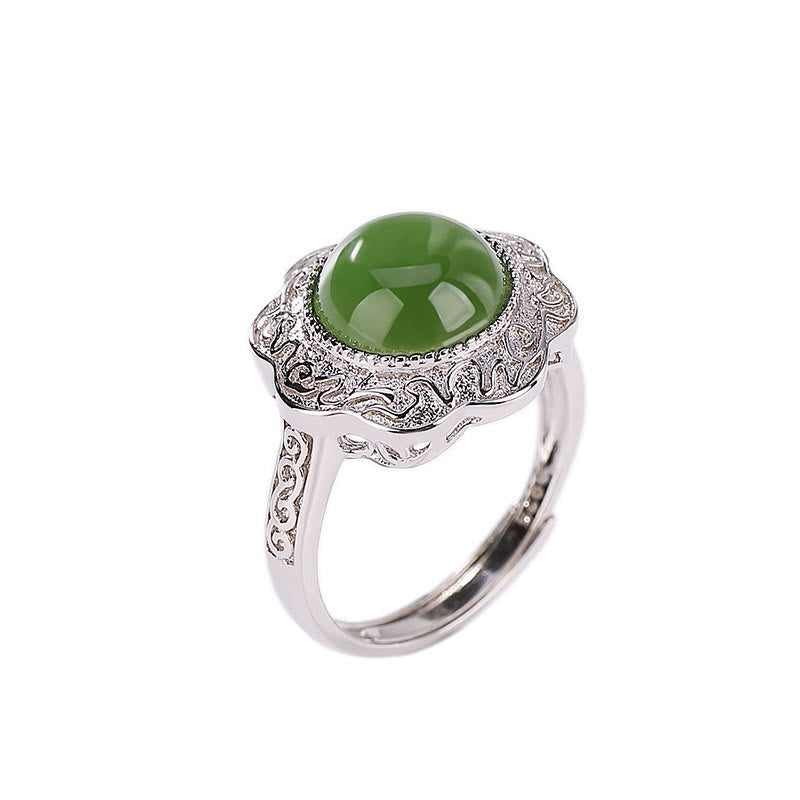 Anello regolabile con design a forma di fiore in giada ciano Hetian in argento sterling 925 Buddha Stones