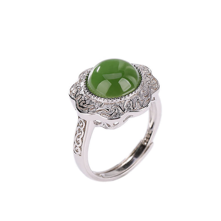 Anello regolabile con design a forma di fiore in giada ciano Hetian in argento sterling 925 Buddha Stones