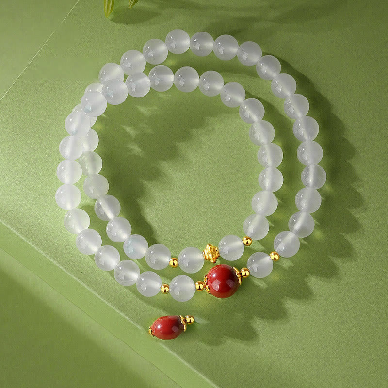 Braccialetto di protezione a doppio giro Buddha Stones in argento sterling 925 con agata bianca naturale e cinabro