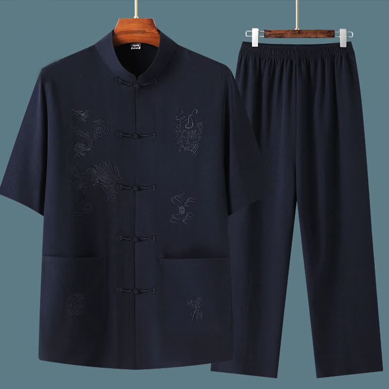 Buddha Stones Tang Suit Hanfu Drago Cinese Tradizionale Kung Fu Uniforme Manica Corta Top e Pantaloni Abbigliamento Uomo Set