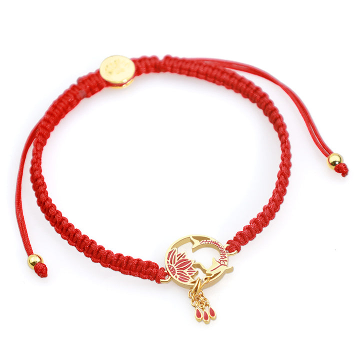Braccialetto portafortuna rosso con corda, fatto a mano in Buddha Stones, tibetano, con pesce di loto e carpa koi