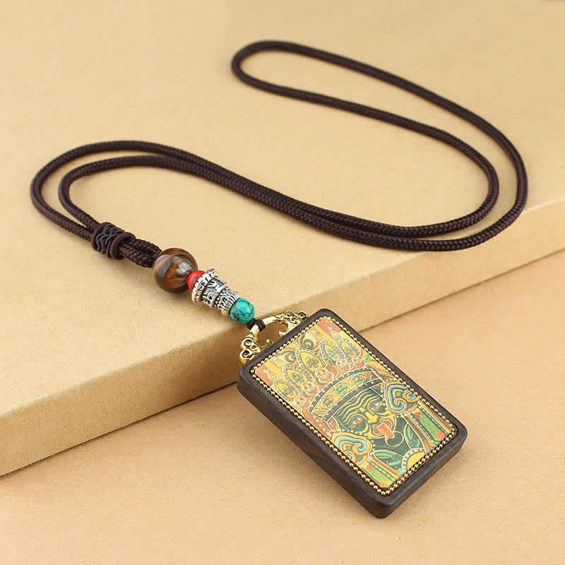 Buddha Stones Tibet Dio della Ricchezza Thangka Ebano Collana Pendente della Pace