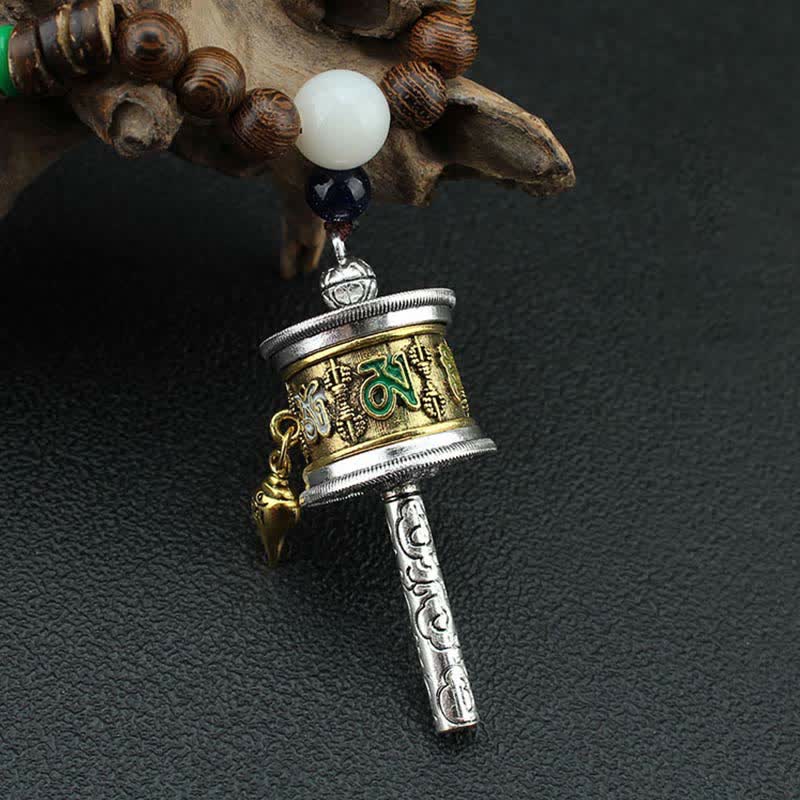 Buddha Stones Tibetano Om Mani Padme Hum Ruota della Preghiera Rotazione Vajra Collana Pendente in Legno - image 9