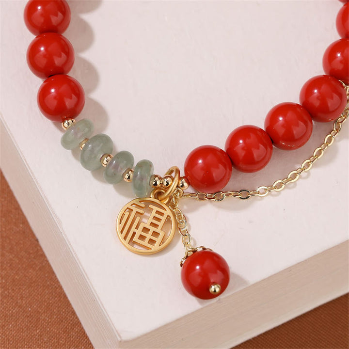 Braccialetto di giada calma con carattere Fu di cinabro e Buddha Stones