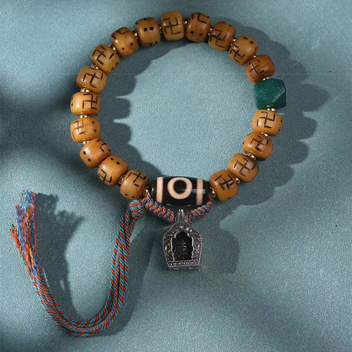 Buddha Stones naturale tibetano osso di cammello svastica Dzi perlina Shankha Buddha fascino Kirtimukha braccialetto con nappa protezione fortuna