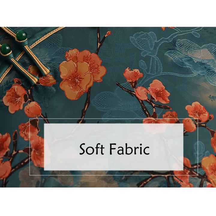 Abito da donna in cheongsam con stampa di piume di peonia e fiori di loto retrò Buddha Stones