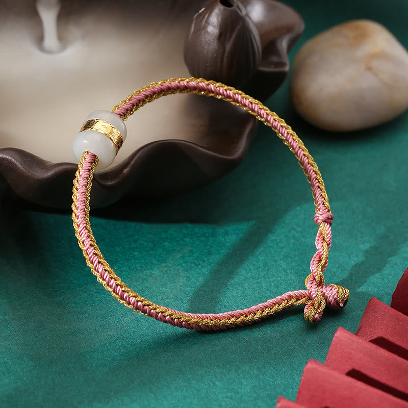 Bracciale intrecciato con carattere Om Mani Padme Hum Fu in giada bianca Hetian con Buddha Stones in oro 999