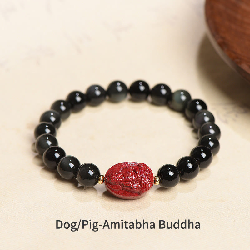 Buddha Stones Zodiaco cinese Buddha natale Ossidiana nera naturale Braccialetto di purificazione Cinabro