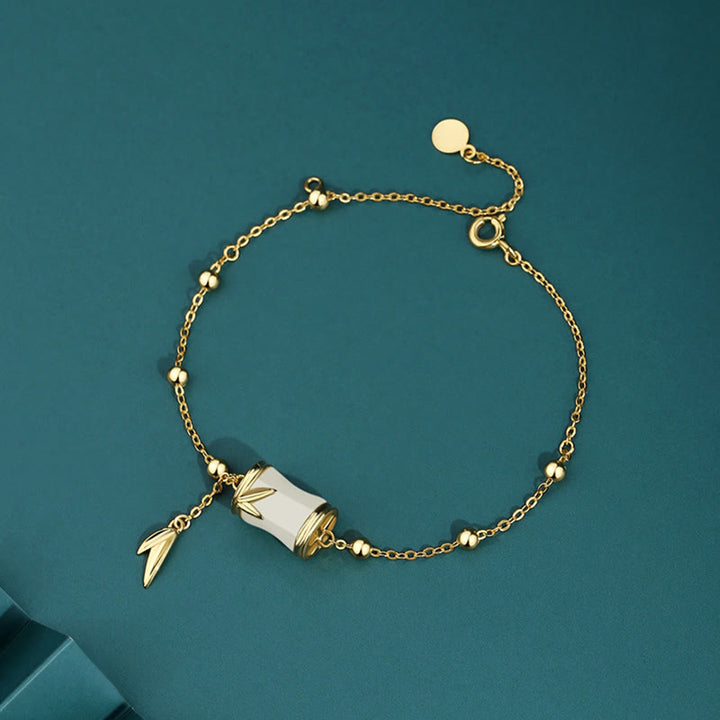 Buddha Stones 925 Sterling Silver 22K Oro Hetian Giada Bianca Foglia di Bambù Collana Pendente Bracciale Portafortuna