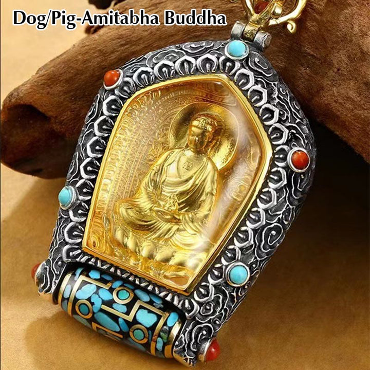 Collana con ciondolo con perline Dzi girevole Tibet Zodiaco cinese Natale Buddha Thangka Prosperità - Cane/Maiale-Buddha Amitabha - image 13