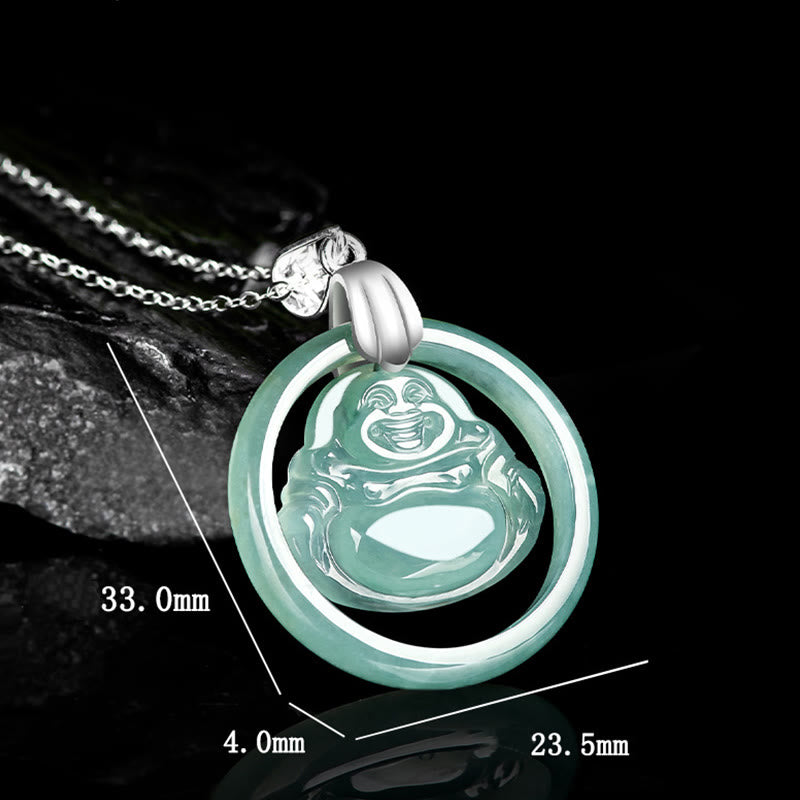 Collana con ciondolo a forma Buddha Stones Buddha con ciondolo a forma di Buddha che ride, in argento sterling 925, giada naturale rotonda