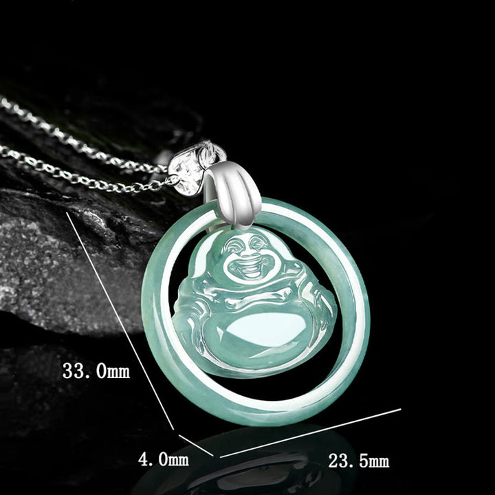 Collana con ciondolo a forma Buddha Stones Buddha con ciondolo a forma di Buddha che ride, in argento sterling 925, giada naturale rotonda