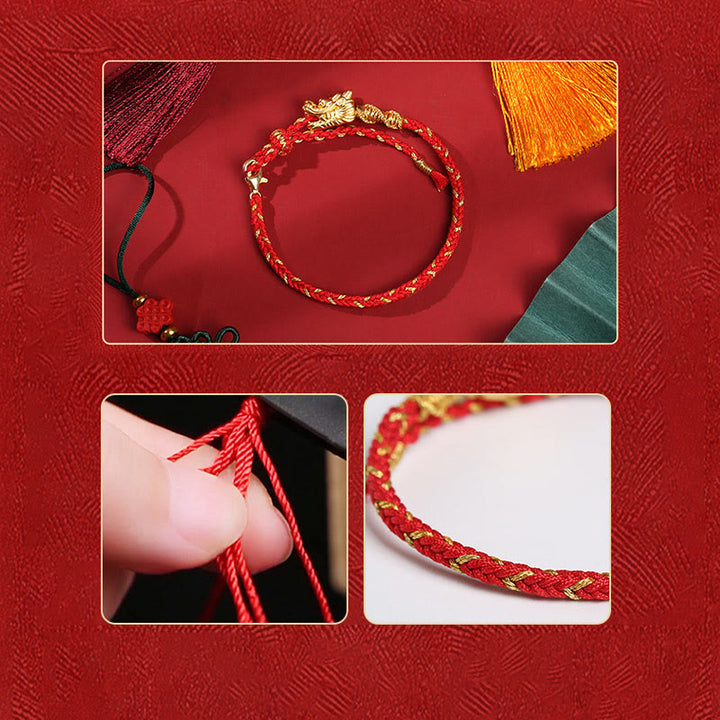 Bracciale intrecciato a mano in corda rossa con nodo a otto fili in argento sterling 999 Buddha Stones