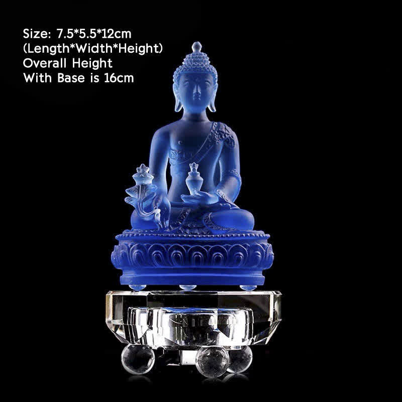 Buddha Stones Buddha della medicina Fatto a mano Liuli Cristallo Pezzo d'arte Statua della compassione Casa Ufficio Offerta Decorazione - 7,5*5,5*12 cm - Buddha della medicina e base luminosa - image 9