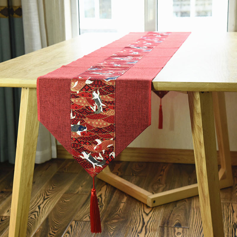 Buddha Stones Stile cinese classico Loto Koi Pesce Fiore Gru Calligrafia Illuminazione Cotone Lino Nappe Runner da tavolo