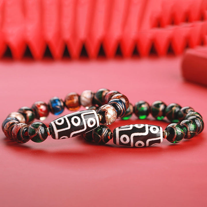 Buddha Stones Perlina Dzi tibetana a nove occhi Perlina Dzi a tre occhi Perlina di vetro Liuli Braccialetto della ricchezza