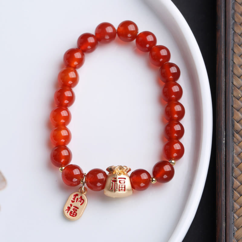 Buddha Stones Agata bianca naturale Agata rossa Sacchetto di soldi Fu Carattere Braccialetto di protezione a quattro foglie di trifoglio