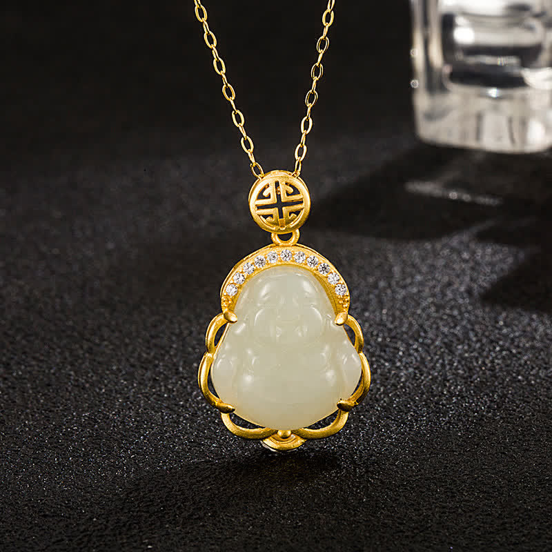 Collana con ciondolo di protezione in giada bianca Hetian Buddha che ride in argento sterling 925 - Giada bianca di Hetian (Protezione ♥ Felicità) - image 1