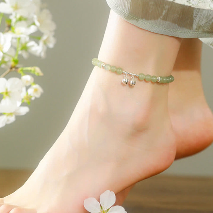 Cavigliera con ciondolo a forma di campana della prosperità in giada naturale di Hetian in argento sterling 925