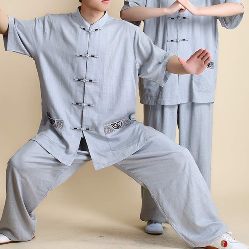 Buddha Stones Meditazione Zen Preghiera Spirituale Tai Chi Qigong Pratica Unisex Ricamo Abbigliamento Set - Manica corta con ricamo grigio - US12, UK/AU16, EU44 (2XL) - image 28