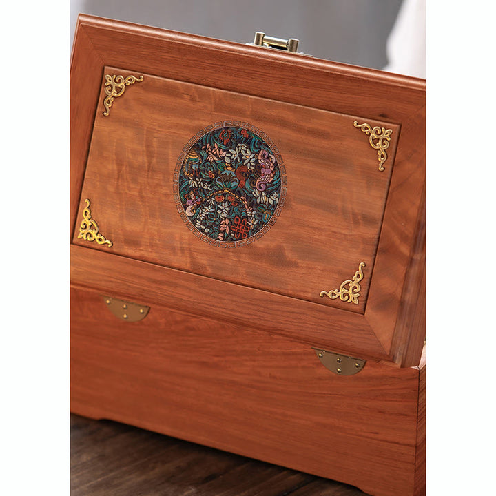 Scatola portaoggetti antica in palissandro fatta a mano con serratura, grande, a doppio strato, con fiori, in legno, regalo, organizer