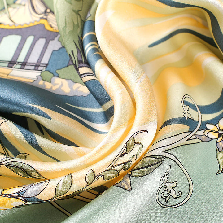 Sciarpa per capelli al collo in seta di gelso al 100%, motivo: Buddha Stones , scena pastorale, mongolfiera, fiori primaverili - image 2