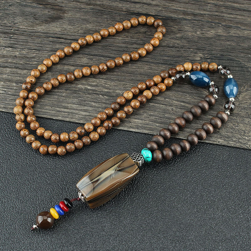 Buddha Stones Tibetano Legno Wenge Bodhi Seme Agata Equilibrio Pace Collana Pendente