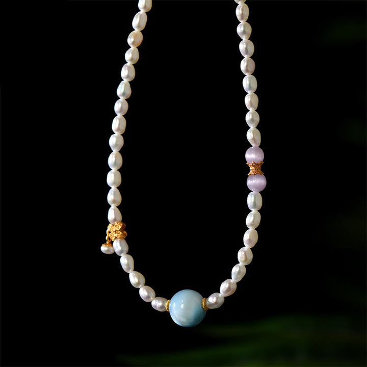 Collana con ciondolo in argento sterling 925 con perle naturali e larimar, motivo: Buddha Stones