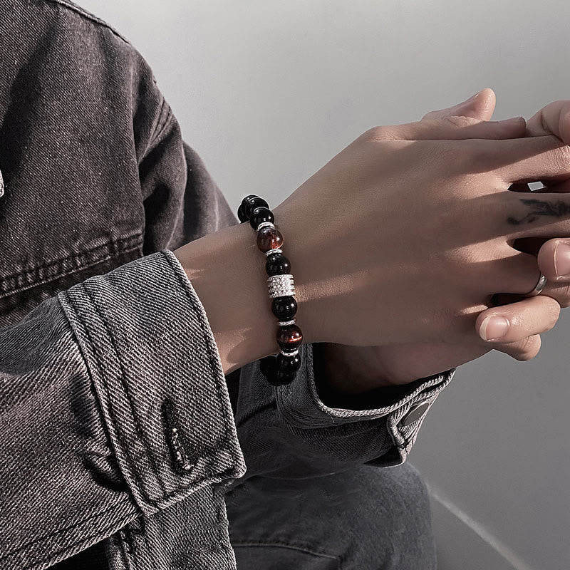 Bracciale Buddha Stones in ossidiana nera naturale con occhio di tigre e forza