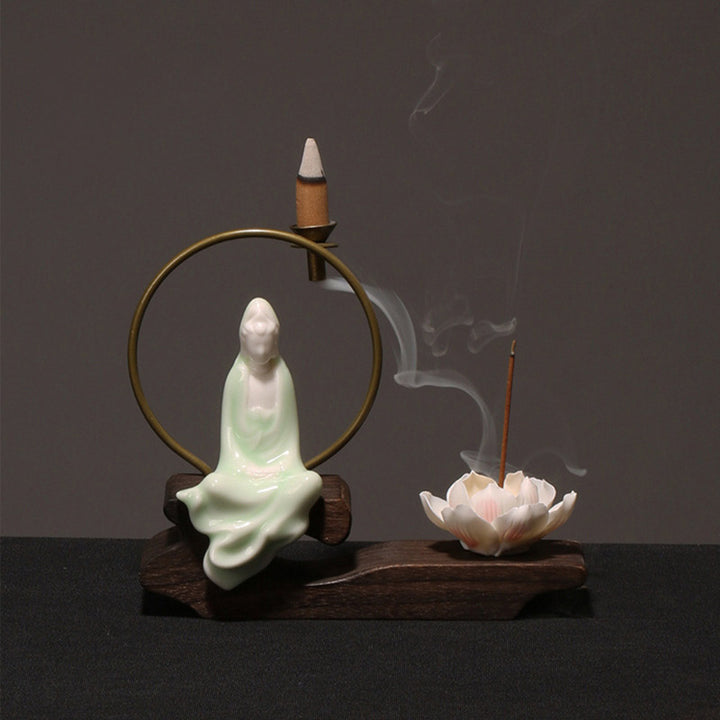 Buddha Stones Decorazione bruciatore di incenso in ceramica per meditazione curativa a forma di loto - Avalokitesvara ciano - image 15