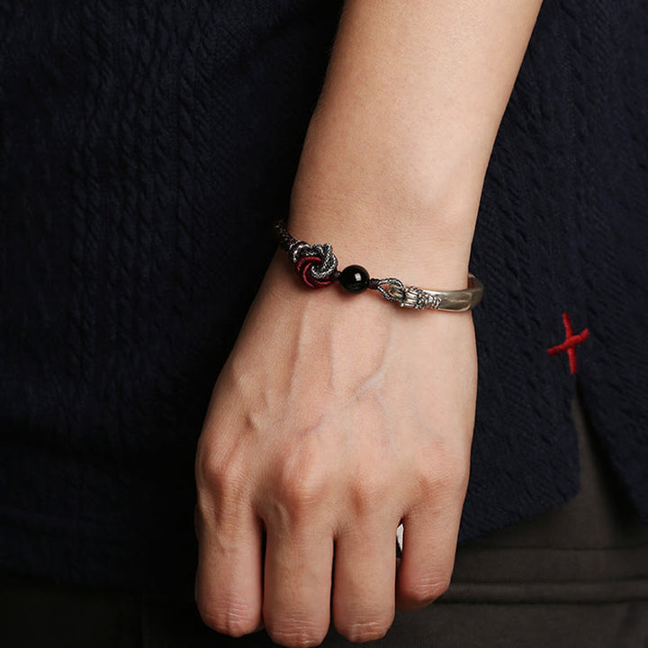 Bracciale intrecciato a mano in argento sterling 925 con drago di buon auspicio Buddha Stones